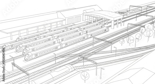 Detailed architectural drawing of a busy train station with multiple platforms and tracks.
