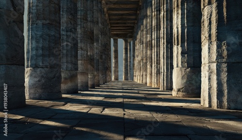 Ancient Greek Temple Columns Hallway with Sunlight and Shadows.