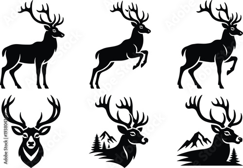 Vector Silhouette Collection of Deer and Elk, Forest Wildlife Animal Icons with Majestic Antlers and Mountain Landscape, Isolated on White Background