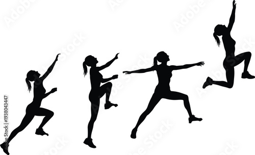 Vector Silhouette Collection of Female Rock Climbers and Bouldering Athletes, Sporty Woman Climbing and Reaching Up, Isolated on White Background