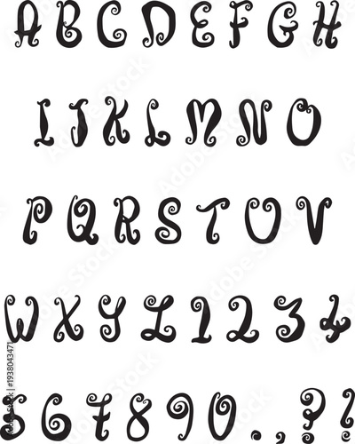 Handwritten typography font lettering ABC cartoon gothic swirly vector text