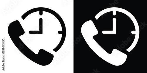 24/7 customer service icon with phone handset and clock. Black and white vector symbol for operating hours, appointment scheduling, response time, and around-the-clock support.