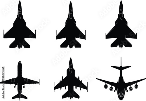 Vector Silhouette Collection of Modern Military Fighter Jets, Commercial Passenger Airplanes, and Heavy Cargo Aircraft Isolated on Plain White Background