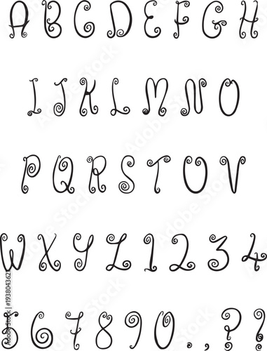 Handwritten typography font lettering ABC cartoon gothic swirly vector text