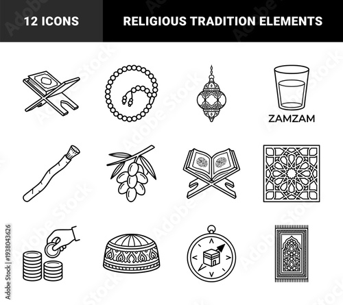 Islamic religious symbols and Ramadan traditions in a clean monoline aesthetic. Minimalist linear pictograms for spiritual guidance and cultural celebrations.