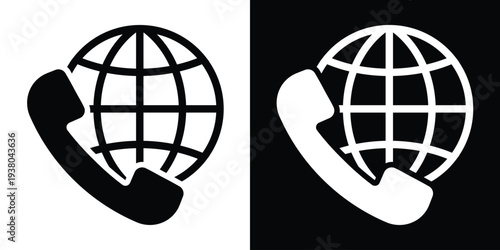 International calling icon featuring a phone handset with a world globe. Black and white vector set representing global communication, worldwide support, roaming, and earth connectivity.