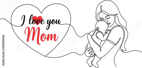 I love you mom typography with mother holding baby continuous line art mothers day vector
