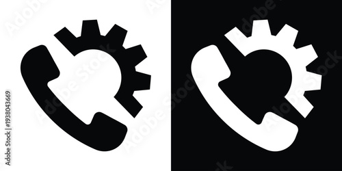 Technical support icon showing a phone handset integrated with a gear cog. Black and white vector design for customer service, settings, maintenance, and telecommunications repair.