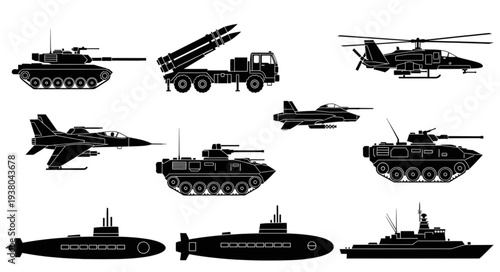 Collection of Military Vehicles and Aircraft Silhouettes.