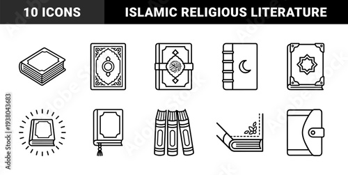 Islamic holy books and religious literature symbols featuring traditional Quran covers, crescent moon motifs, and ornamental prayer book designs in monoline style.