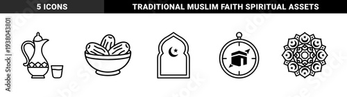 Islamic religious symbols and Ramadan traditions featuring prayer arch, dates, qibla compass, and arabesque mandala in bold monoline style.