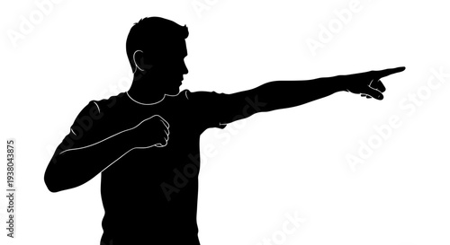 Silhouette of man pointing sideways.
