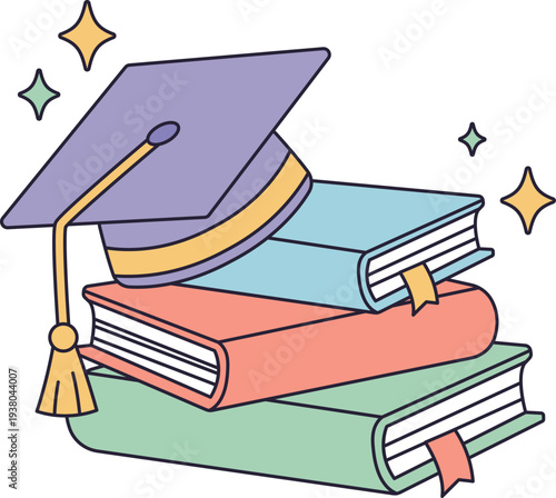 Graduation Cap On Books Retro Groovy