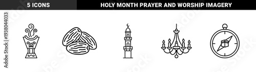 Islamic religious and cultural symbols for Ramadan and Eid celebrations. Minimalist monoline pictograms of dates, minaret, incense burner, chandelier, and Qibla compass.