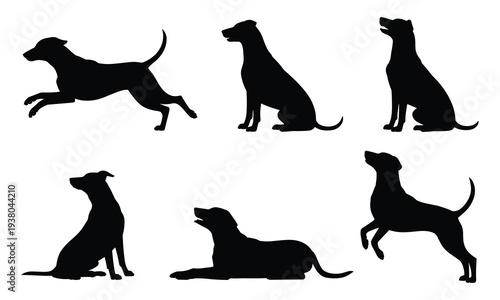 Six black dog silhouettes displaying various poses and actions silhouette