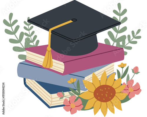 Graduation Cap On Books Botanical Cartoon