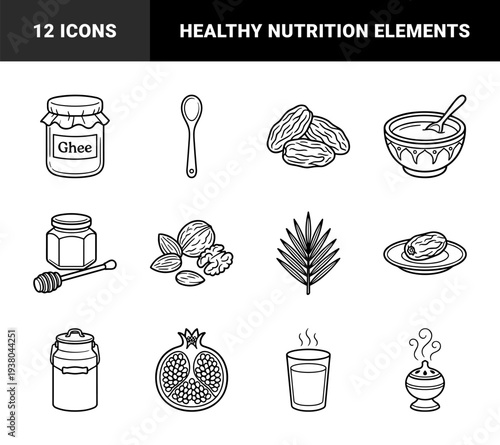 Traditional middle eastern food and ramadan nutrition elements. Minimalist monoline drawings featuring dates, ghee, honey, milk, and pomegranate.