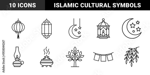 Ramadan and Eid Mubarak celebration elements in monolinear style. Minimalist lantern, crescent moon, incense burner, and decorative foliage symbols.