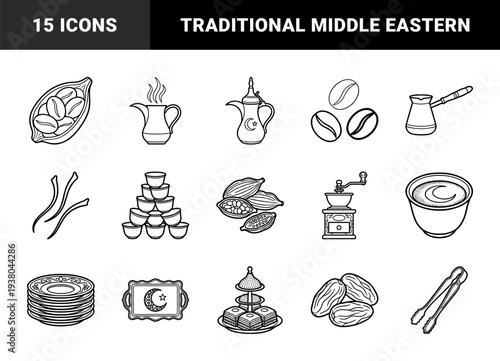 Traditional Arabic coffee culture and Middle Eastern hospitality elements. Hand-drawn monoline illustrations featuring dallah pots, cezve, dates, and cardamom.