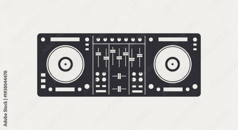 Obraz premium Dj mixer controller with two turntables and sound equalizer on a plain background for music production and entertainment