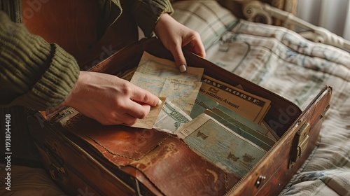 Persons hands sorting old documents and photographs in a vintage suitcase.