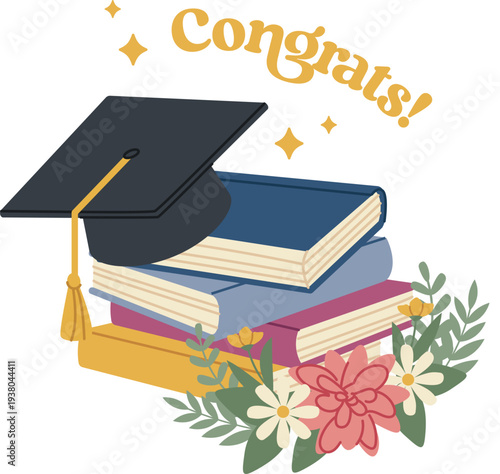 Graduation Cap On Books Congrats