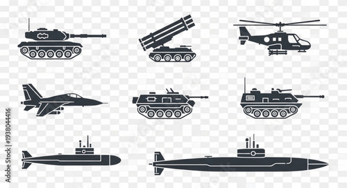 Collection of military vehicles and aircraft silhouettes.