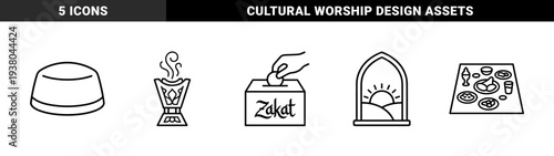 Islamic religious traditions and Ramadan observances featuring zakat charity box, incense burner, and prayer cap in minimalist monoline style.