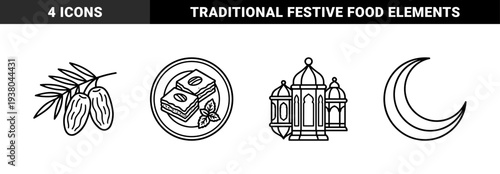 Ramadan cultural symbols and traditional festive food elements. Minimalist monoline black and white illustrations featuring dates, baklava, crescent moon, and lanterns.