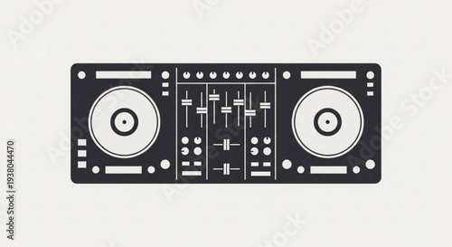Dj mixer controller with two turntables and sound equalizer on a plain background for music production and entertainment