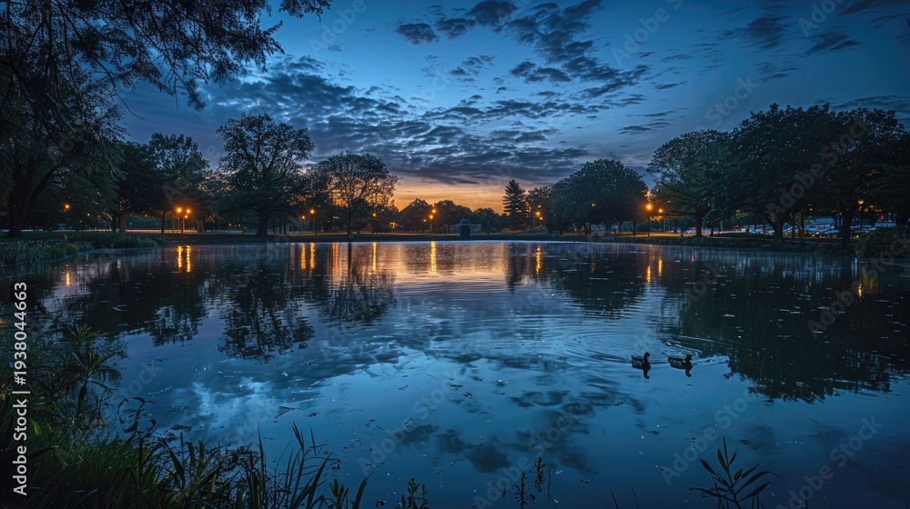 Obraz premium Twilight Serenity - Reflective Lake Under a Cloudy Sky at Dusk.