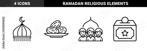 Ramadan and Islamic religious observance elements featuring mosque dome, dates fruit, charity box, and community gathering. Minimalist monoline aesthetic for cultural infographics.