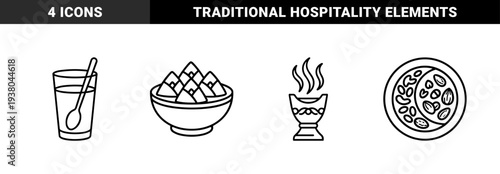Traditional middle eastern hospitality and ramadan cultural elements. Monolinear black and white graphics featuring dates, water, incense burner, and assorted nuts for festive celebration.