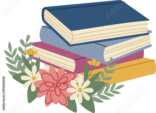Book Stack With Flowers Cartoon