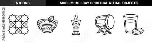 Ramadan cultural traditions and Islamic celebration symbols. Minimalist monoline black and white graphics featuring dates, incense burner, and traditional drum.
