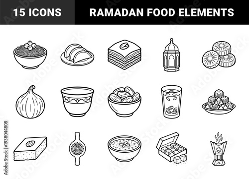 Ramadan and Eid traditional food elements featuring baklava dates maamoul and middle eastern desserts in a clean monolinear aesthetic.