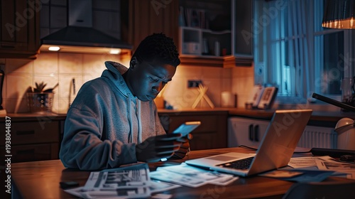Young man working late at night on his smartphone and laptop in a dimly lit kitchen.