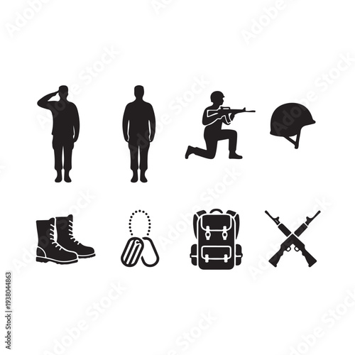 Military Army Soldier Equipment Silhouette Icons Set