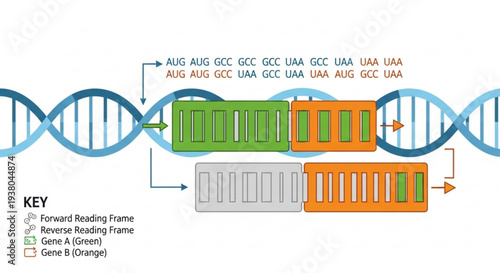 Dna double helix structure with gene expression and reading frames