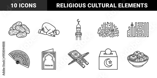 Islamic religious symbols and Ramadan traditions in monolinear outline style. Clean black and white pictograms for Eid celebrations and spiritual guidance.