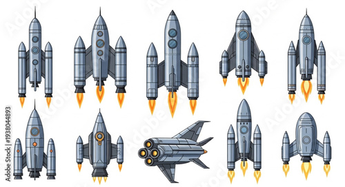 Collection of retro pixel art spaceships and rockets in flight.