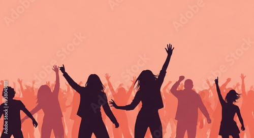 Silhouettes of people dancing and raising hands in a vibrant pink crowd expressing joy and celebration at a lively party or music festival with a colorful background
