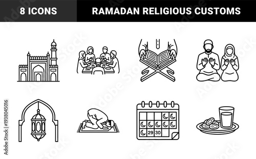 Islamic religious observance and Ramadan traditions in monoline style. Minimalist black and white graphics featuring prayer, fasting, and community rituals.