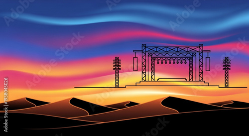 Electric power transmission tower at sunset with vibrant colorful sky and desert landscape