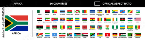 Flags of countries of Africa continent. Set of all national flags of African 56 states in official aspect ratio