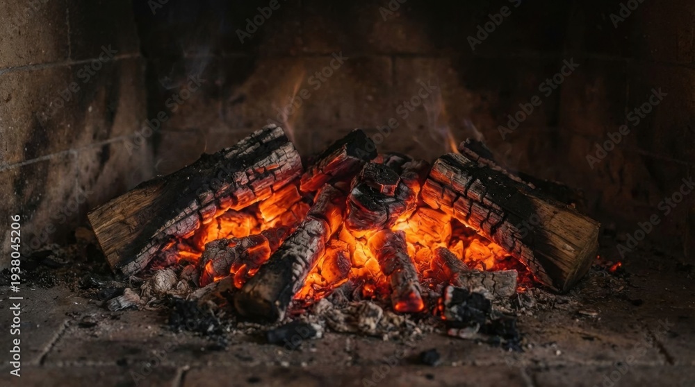 Fototapeta premium Burning logs creating warmth and glowing embers in fireplace