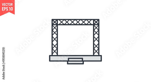 Black line art of a stage with truss system and empty white background for events or performances