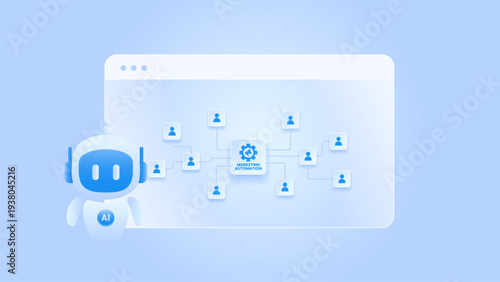 Marketing automation workflow diagram dashboard with ai agent, client, flow process and automation system.