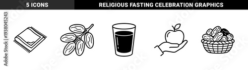 Ramadan and Islamic traditions decorative elements for religious branding. Monoline black and white line art featuring dates, prayer rug, juice, and fruit for Iftar celebrations.