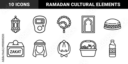 Islamic religious observance and Ramadan traditions lifestyle elements. Minimalist monoline pictograms for spiritual practice and Muslim cultural heritage.